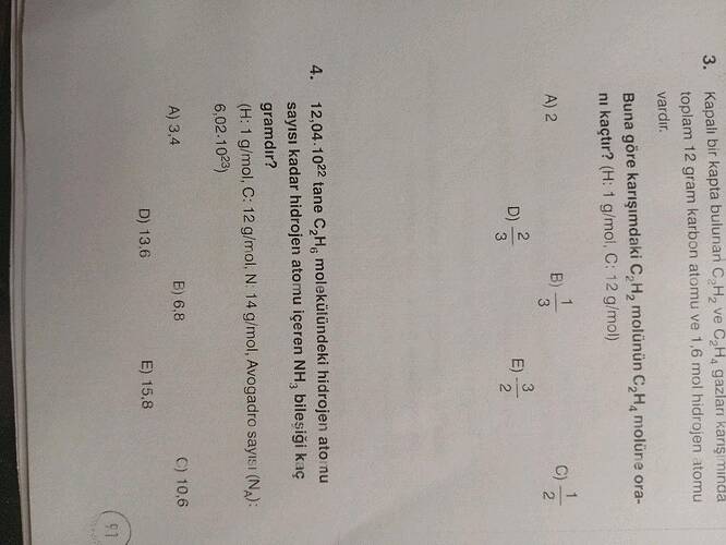 6,02.103) (H: 1 g/mol, C: 12 g/mol, N 14 gimol, Avogadro sayısı (N): gramdır?