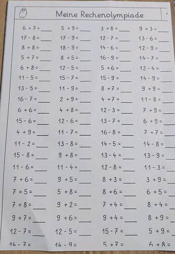 Meine Rechenolympiade 6+7= 5+9= 3+8= 9+3= 17-8= 17-9= 12-7=...