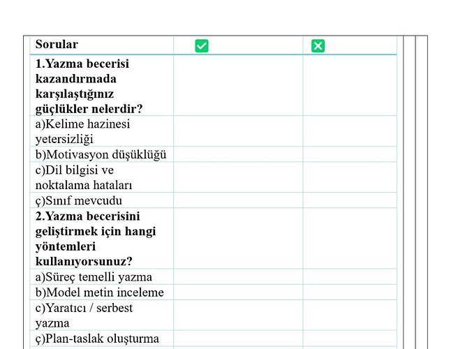 bu şekilde çarpı ve tiklerle kişi sayısını belirleyeceğim bir tane daha tablo elimde...