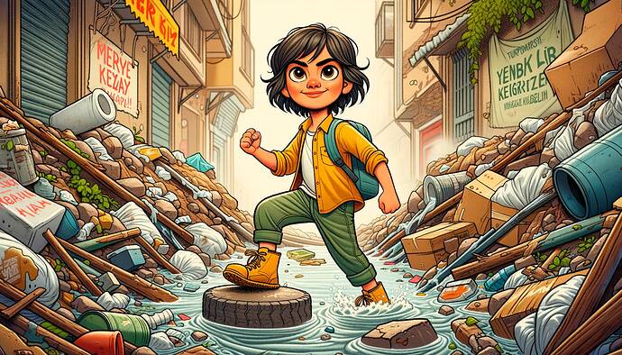 A cartoon-style illustration of a brave young girl, named Mercan Kız, wearing everyday attire and carrying a small bundle, walking through a hard and challenging path blocked by dirty water and trash. The scene depicts her determination and resilience as she faces the challenges ahead, with debris and obstacles scattered around. The background has a slightly rugged and urban environment with muted colors to emphasize the struggle. The girl looks empowered, radiating hope and strength. The artwork uses bright and inspiring tones while keeping the gritty elements of the blocked path apparent.