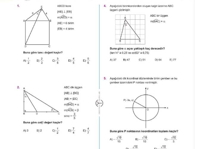 ABCD kare AE EB m(widehat AED ) = α Buna göre P noktasının koordinatları toplamı kaçtır?