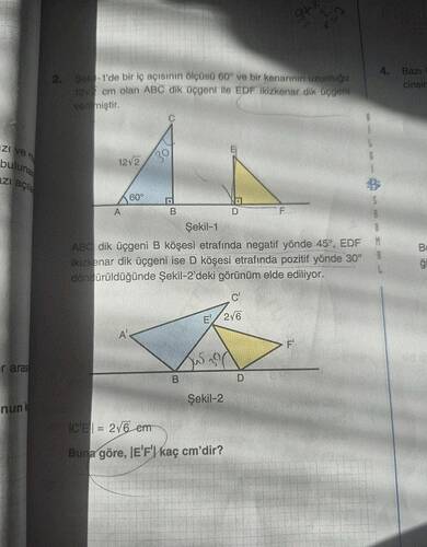 Şekil-1'de bir iç açısının ölçüsü 60irc ve bir kenarının uzunluğu 12√2 cm olan ABC dik...