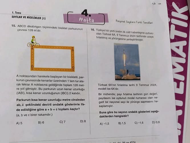 ABCD dikdörtgen biçimindeki bisiklet parkurunun çevresi 128 m'dir.