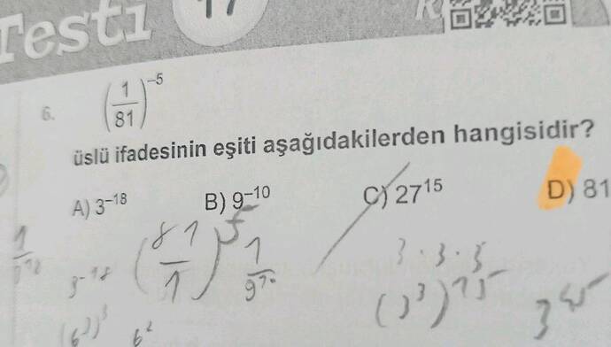 Testl 6 üslü ifadesinin eşiti aşağıdakilerden hangisidir?