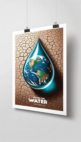 Illustrate an awareness poster promoting water conservation amidst water scarcity in Turkey. The poster should depict a world shaped like a water droplet situated on a dried, earthy ground. The design should also incorporate a message underscoring the value of water, with a slogan such as 'Protect the Water!' or 'A Drop of Water is a Life'. The perspective should lean towards a more modern and striking design. Use colors like shades of blue, brown, and green.