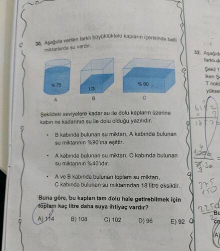 Aşağıda verilen farklı büyüklükteki kapların içerisinde belli miktarlarda su vardır.