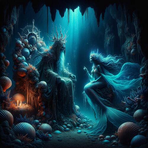 A dark underwater cave illuminated with an eerie blue light, depicting a magical and mysterious scene. The cave walls are adorned with sea shells that shimmer faintly in the light. In the center, an old sea witch with a mysterious and ancient aura, dressed in flowing, otherworldly marine robes, is seated in a throne-like formation of coral and seaweed. Opposite her is a sad but determined mermaid, with a shimmering bioluminescent tail and flowing hair that dances with the underwater currents. The two are negotiating and their intense expressions show the weight of the moment. This fantasy scene is created in a detailed, highly realistic fantasy art style with chiaroscuro lighting beautifully enhancing the contrast and setting an otherworldly tone.