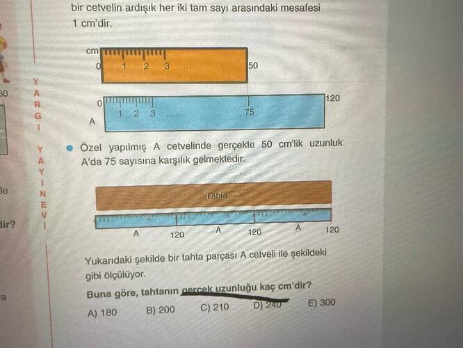 bir cetvelin ardışık her iki tam sayı arasındaki mesafesi 1 cm'dir.