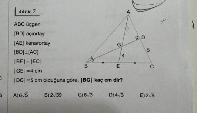 ABC üçgen açıortay kenarortay , BG kaç cm dir?