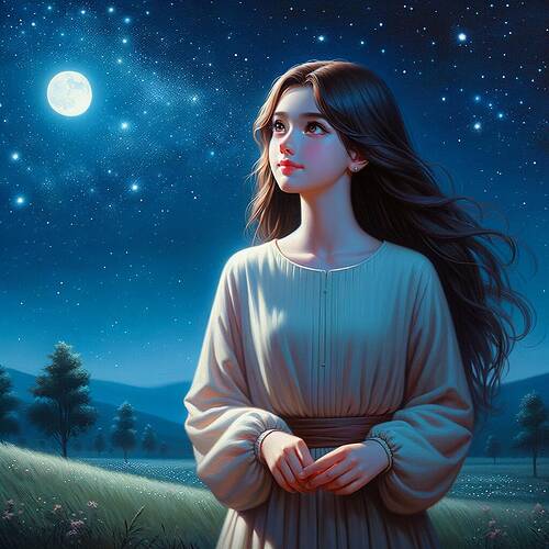 A dreamy night scene featuring a young Turkish girl gazing at the sky with a thoughtful expression. The setting is under a blanket of stars, shining brilliant white against a deep navy-blue sky. She is standing on a grassy hill, wearing a modest and long-sleeved outfit. Her hair, dark and flowing, slightly sways with a gentle night breeze. The stars are vividly glowing, and the moon provides soft illumination to the serene landscape. Some trees are scattered afar, adding depth and charm to the scene. Paint this moment with an ethereal and tranquil ambiance.