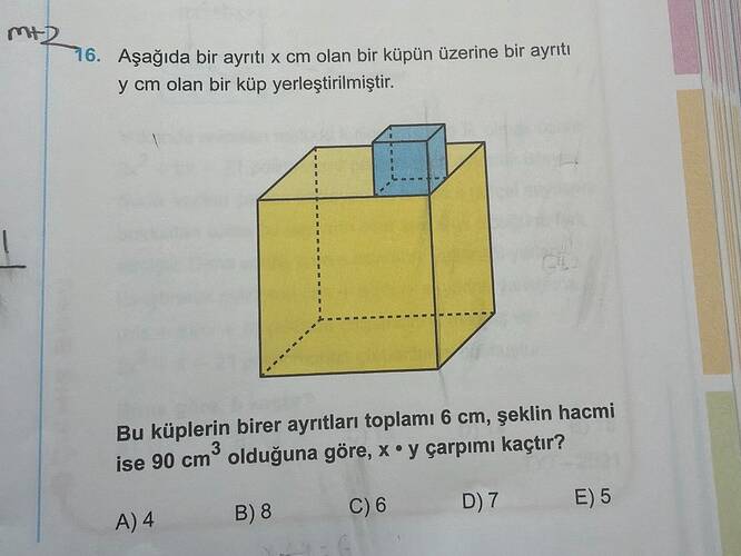 Aşağıda bir ayrıtı x cm olan bir küpün üzerine bir ayriti y cm olan bir küp...