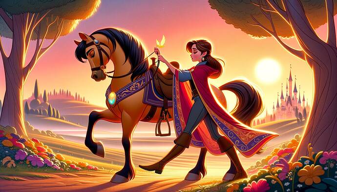 A Disney-style cartoon illustration of a young woman confidently saddling a horse at dawn. The horse is depicted with a strong and majestic presence, and the scene is bathed in soft, golden morning light. The woman wears a colorful cloak with a glowing magical needle pinned to it, emphasizing an enchantment theme. The environment is whimsical and vibrant, featuring fantastical trees, colorful flowers, and a serene backdrop of distant hills and a soft pink-orange sunrise. The young woman is determined and focused, her pose energetic yet graceful, and a blank white speech bubble is included near her, perfect for adding text. The style is reminiscent of classic Disney animations with clean lines and vivid colors.