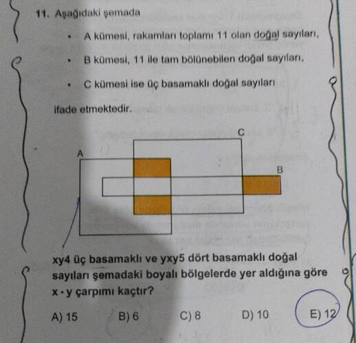 Aşağıdaki şemada A kümesi, rakamları toplamı 11 olan doğal sayıları, B kümesi, 11 ile...