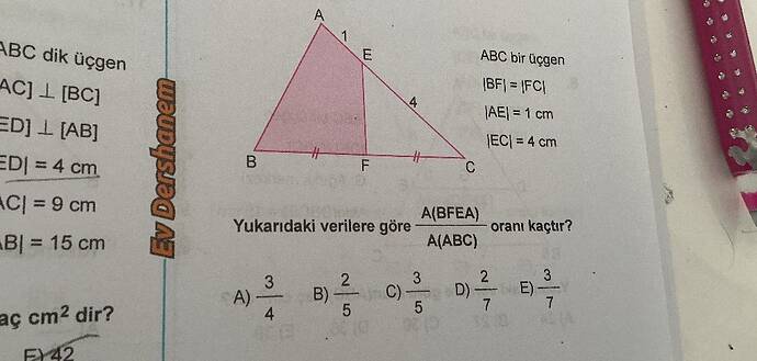 ABC bir üçgen Yukarıdaki verilere göre A(BFEA)/A(ABC) oranı kaçtır?