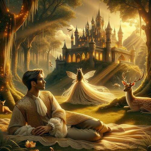 A romantic fantasy scene featuring a prince dreaming of Mercan Girl's castle in a serene forest. The background is immersive, with a golden and warm color palette. The castle, intricate and majestic, sits atop a hill, surrounded by glowing trees and mystical light. The prince, a youthful, diverse figure of Middle-Eastern or Hispanic descent, lies on a soft grassy field gazing towards the castle, wearing elegant royal attire with flowing fabric. Forest animals like deer and birds add life to the enchanted environment. Gentle sunlight filters through the trees, creating an ethereal atmosphere.