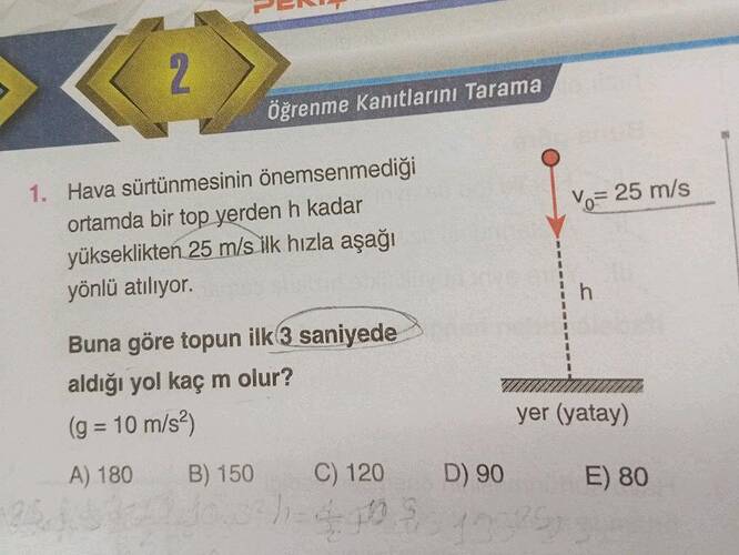 Hava sürtünmesinin önemsenmediği ortamda bir top yerden h kadar yükseklikten v₀ = 25...