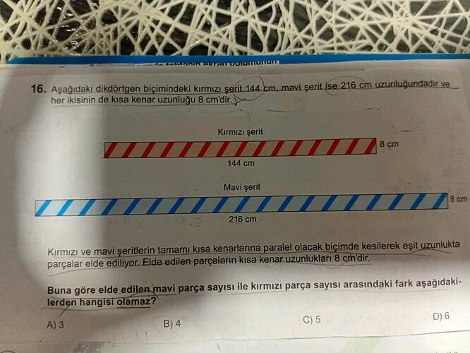 Aşağıdaki dikdörtgen biçimindeki kırmızI serit 144 cm.