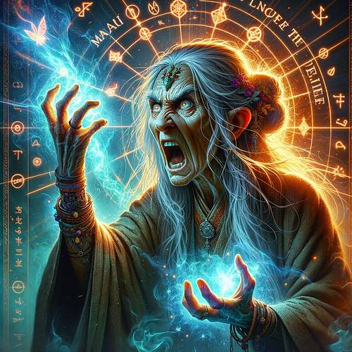 A digital art illustration of an angry old woman with a magical aura surrounding her, her face expressing intense emotion as if she is cursing. The setting is mystical, with glowing symbols around her, and the air filled with an enchanting aura. The old woman is depicted with a rugged face, long greying hair tied back, and wearing a traditional robe. She is raising her hand in a dramatic gesture with light beams emanating from her fingers. The words 'May you fall in love with the Mercan Girl!' are faintly visible as magical scripts in the air. The atmosphere is mysterious and enchanting, with vibrant colors and glowing effects enhancing the magical vibe.