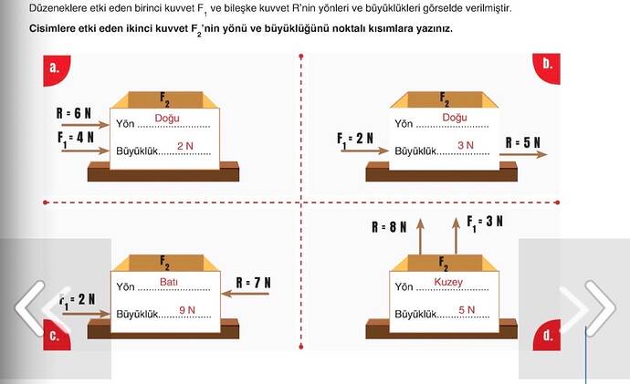 Düzeneklere etki eden birinci kuvvet F, ve bileşke kuvvet R'nin yönleri ve büyüklükleri...