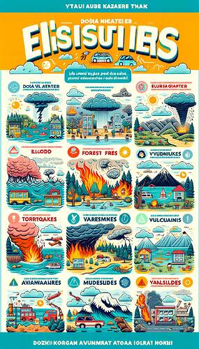 Create an education-focused poster for 5th-grade students to learn about different types of natural disasters such as earthquakes, floods, tornadoes, forest fires, tsunamis, droughts, hurricanes, volcanic eruptions, avalanches, mudslides, and landslides. The poster should feature 10-15 distinct illustrations representing each disaster, accompanied by brief explanations in Turkish about how to prevent each (like 'Hide under the table during an earthquake', 'Use fire detectors to protect against fires'). Bold text headers should be used to distinguish each section. The background should be made of cheerful pastel tones, with the use of vibrant fonts. The layout should be clean and engaging, with clear visual groupings. The title should be prominent, reading 'Doğal Afetler ve Korunma Yolları'.