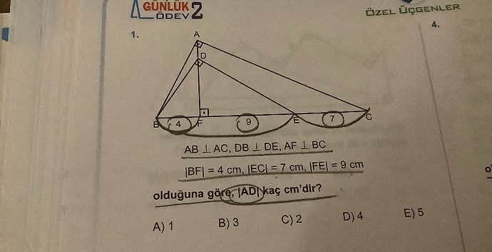 AB perp AC , DB perp DE , AF perp BC , , olduğuna göre, AD kaç cm'dir?