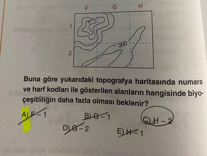 300 Buna göre yukarıdaki topografya haritasında numara ve harf kodları ile gösterilen...