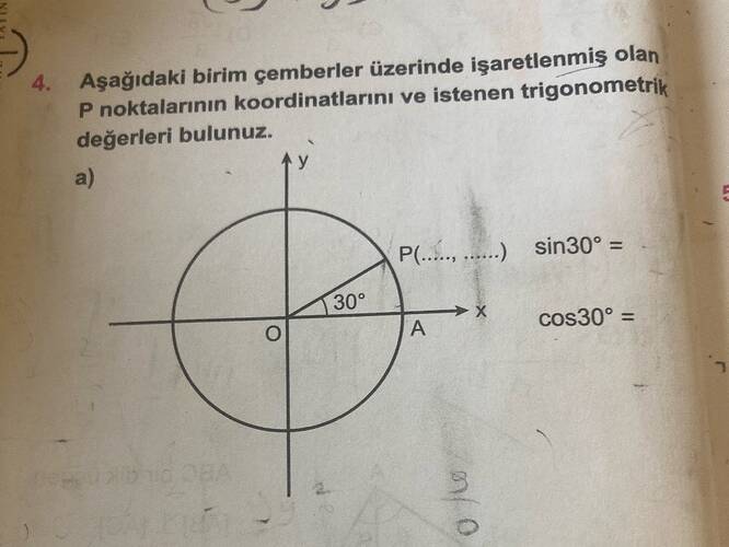 Aşağıdaki birim çemberler üzerinde işaretlenmiş olan P noktalarının koordinatlarını ve...