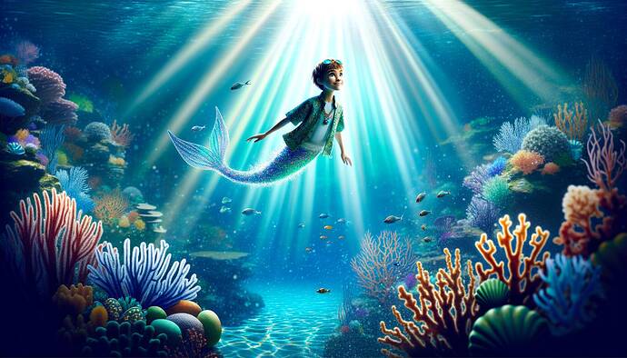A curious mermaid swimming upward to the ocean surface, surrounded by rays of sunlight penetrating the water, creating a magical and bright atmosphere. She has iridescent scales, a streamlined tail covered in shimmering hues of blue and green, and her clothing includes seashell-inspired designs. The underwater scene features coral reefs, colorful fish, and sparkling water, with the light filtering through the ocean creating an enchanting ambiance.