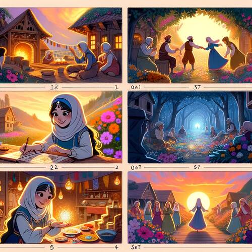 Küçük ve huzur dolu bir köyde, neşeyle dans eden ve günlük işlerini yapan, doğanın güzelliğiyle çevrili insanlar tasvir ediliyor. (Alt yazı YZ tarafından hazırlandı)