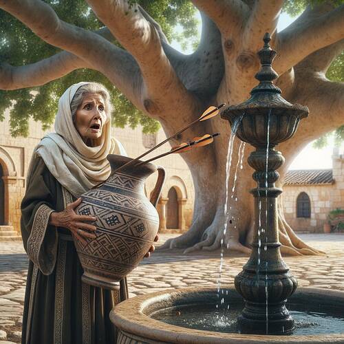 An elderly woman of Middle-Eastern descent, wearing traditional clothing, is seen holding a broken water jug near a beautifully ornate fountain. She has an expression of surprise as she looks at an arrow that has just shattered the jug in her hands. The setting features a grand, ancient-looking plane tree in the background, its large branches providing ample shade. The scene takes place in a calm village square under bright, natural daylight. The ground is cobblestone, and there are distant homes made of earthy-colored bricks visible beyond the tree.