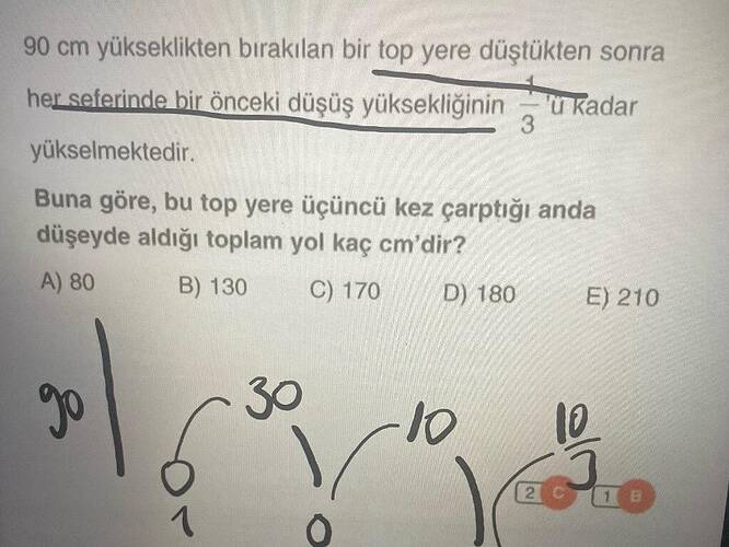 Buna göre, bu top yere üçüncü kez çarptiğı anda düşeyde aldığı toplam yol kaç cm'dir?