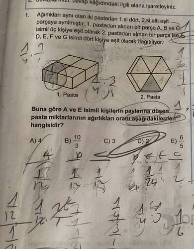 Ağırlıkları aynı olan iki pastadan 1.si dört, 2.si altı eşit parçaya ayrılmıştır.