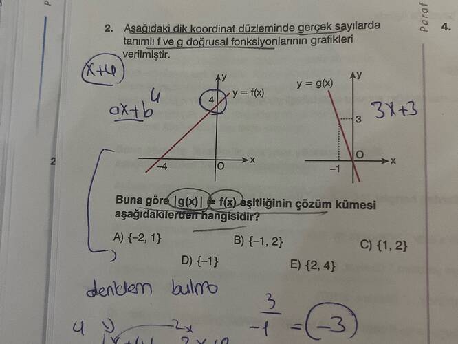Asağidaki dik koordinat düzleminde gerçek sayılarda tanimlı fve g doğrusal...