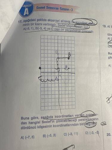 Matematik dersine ait bir sınav kağıdında, bir grafik üzerinde verilmiş şeklin belirtilen boyunca 180 derece döndürülmesi sonucunda oluşacak koordinatların belirlenmesi isteniyor, seçenekler ve bazı el yazısı notları mevcut. (Captioned by AI)