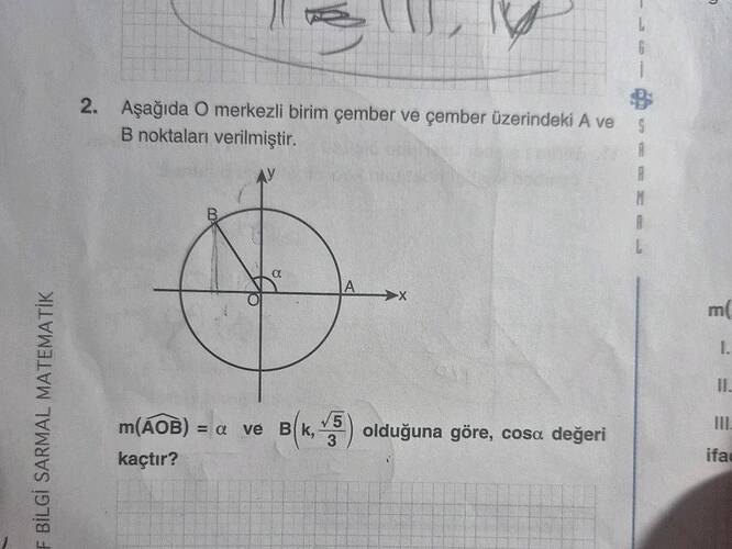 Aşağıda O merkezli birim çember ve çember üzerindeki A ve B noktaları verilmiştir.