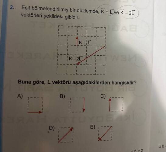 Eşit bölmelendirilmiş bir düzlemde, vec K + vec L ve vec K - 2vec L vektörleri...
