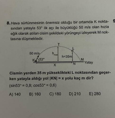 Hava sürtünmesinin önemsiz olduğu bir ortamda K noktasından yatayla 53ⁱrc lik açı ile...