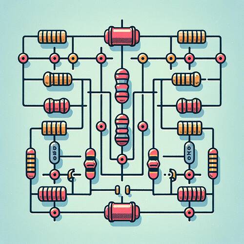 Illustrate an electrical circuit with three parallel connections and two series connections. The circuit should feature resistors, capacitors, or inductors as elements to showcase diverse connectivity.