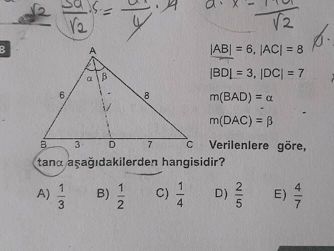 , , m(BAD) = α m(DAC) = β Verilenlere göre, tan α aşağıdakilerden hangisidir?