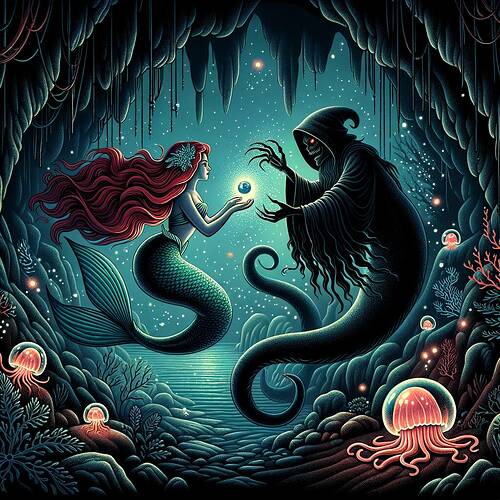 Inside a dark and mystical underwater cave, a mermaid with flowing red hair and a turquoise tail (representing diverse descent) striking a deal with a sinister sea witch. The mermaid is cautiously reaching out, holding out a pearl shell filled with glowing magical potion. The sea witch, a dark figure with writhing tentacle-like appendages, is shrouded in shadows, radiating an ominous aura. The scene is illustrated in a gothic fantasy style with shadowy ambient lighting, intricate rock formations, scattered luminous jellyfish, and ethereal underwater plants, emphasizing a mysterious and tension-filled atmosphere.