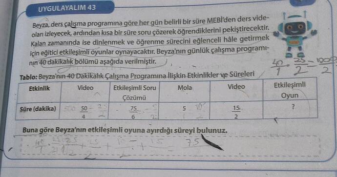 UYGULAYALIM 43 Tablo: Beyza'nın 40 Dakikalık Çalışma Programına İlişkin Etkinlikler ve...