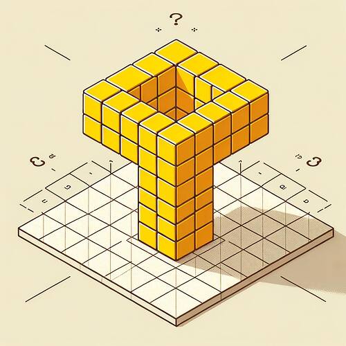 An isometric grid presenting clean yellow cubes arranged into a correct T-shape. The perspective is adapted in accordance with an example exercise.