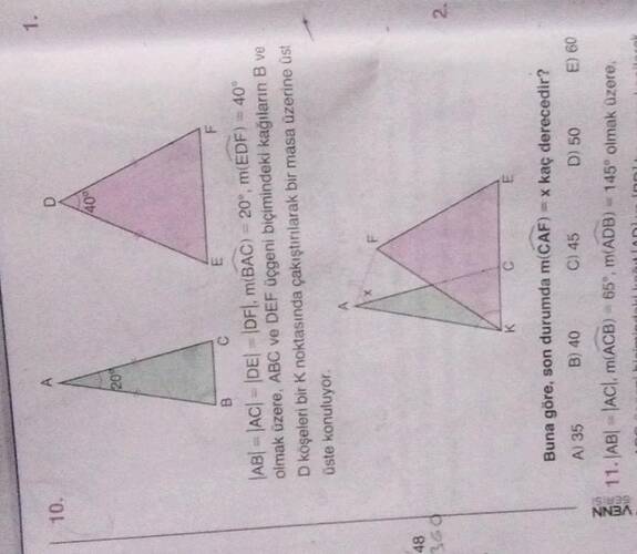 , m(widehat BAC ) = 20ⁱrc , m(widehat EDF ) = 40ⁱrc olmak üzere, ABC ve DEF üçgeni...