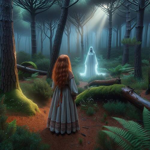 In a mystical forest at twilight, a girl with reddish-orange hair (Mercan Kız) dressed in an earthy and modest outfit encounters a mysterious glowing entity. The entity appears ethereal, casting a soft radiance that illuminates the surrounding pine and oak trees. The forest floor is covered in lush moss, ferns, and scattered wildflowers. The girl looks surprised yet intrigued, standing a few feet away from the entity, surrounded by the natural beauty and gentle mist that adds an enchanting atmosphere.