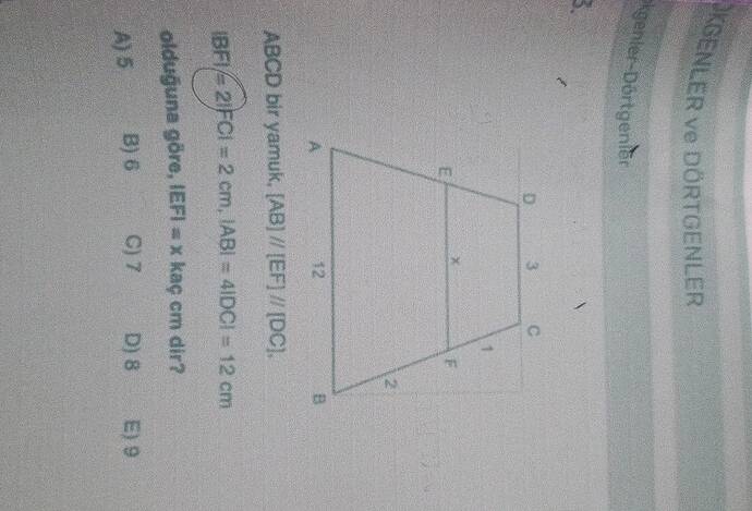 A)5 B)6 C)7 D)8 E)9 olduğuna göre, IEFl =x kaç cm dir?
