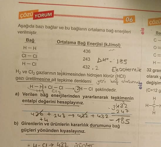 CÖZÜ yORUM Aşağıda bazı bağlar ve bu bağların ortalama bağ enerjileri verilmiştir.