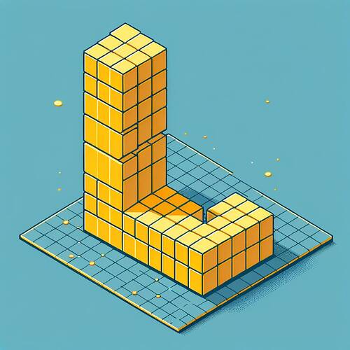 Create an image of an L-shaped structure built with yellow cubes. The structure is placed on an isometric dot grid. The long side of the 'L' is composed of three horizontally aligned cubes, while the short side of the 'L' is formed by one vertically standing cube.