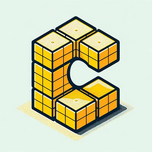 An isometric dot grid showcasing a C-shaped structure. This structure is forged from vibrant yellow cubes. There are two cubes vertically aligned on both sides, and they are connected by a single horizontal cube in the middle.
