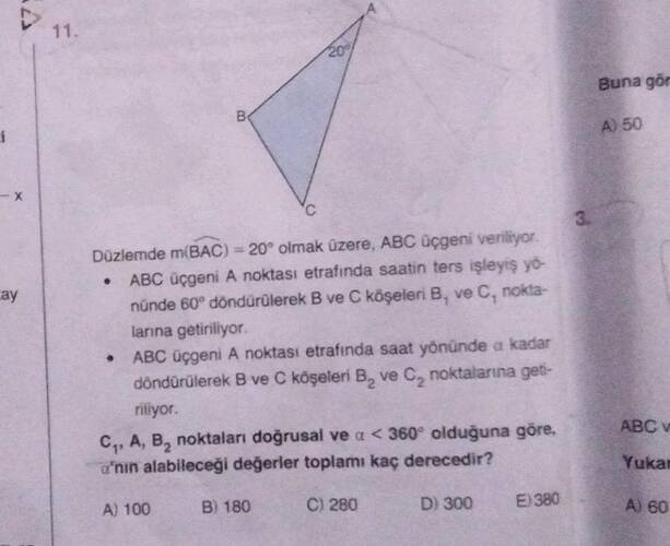 Düzlemde m(widehat BAC ) = 20ⁱrc olmak üzere, ABC üçgeni veriliyor.