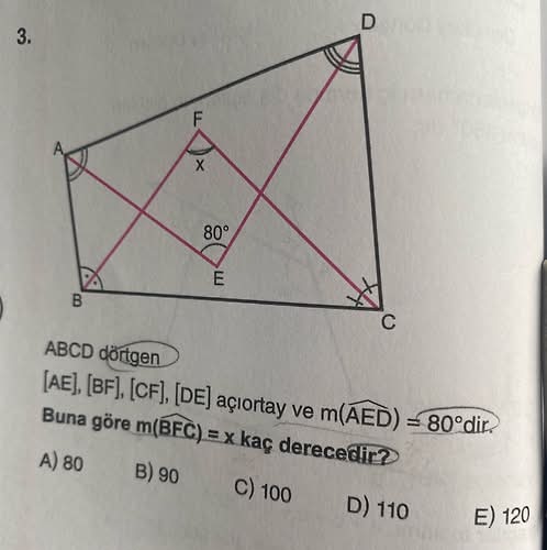 ABCD dörtgen , , , açıortay ve m(widehat AED ) = 80irc dir.